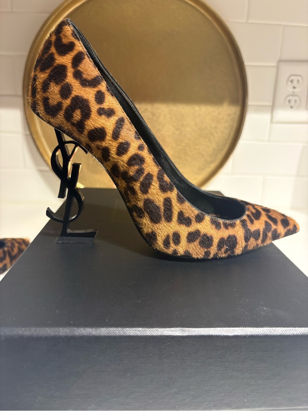 Yves Saint Laurent Leopard-Print Pointed Pump with Black Logo Stiletto